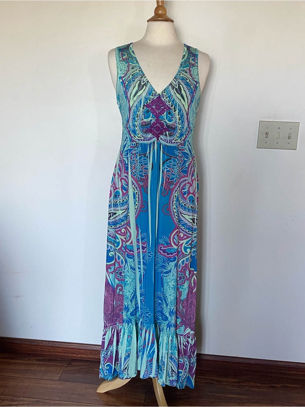 Unity World Wear Turquoise & Purple Paisley Boho Maxi Dress Medium